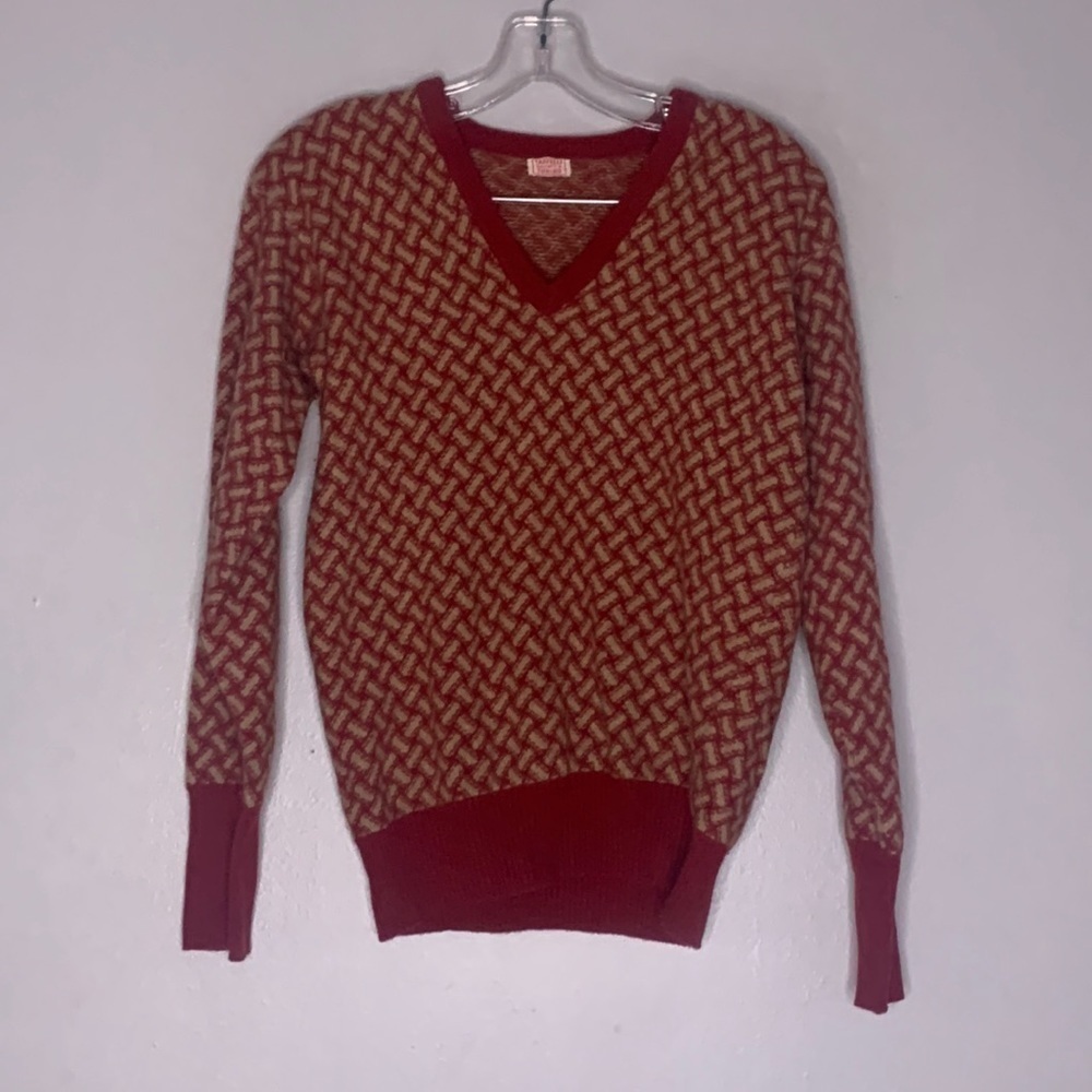 Vintage Taffelli Torino cashmere V-neck sweater red and tan print small